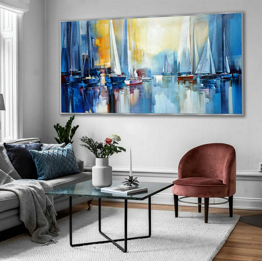 Regatta Seascape Sailing Boat Sailboat Yachting Hand Painted Modern Impressionist Oil Painting On Canvas Living Room Office Hotel Wall Art,House Inner Design [ContemporaryN1685] - $183.00 :