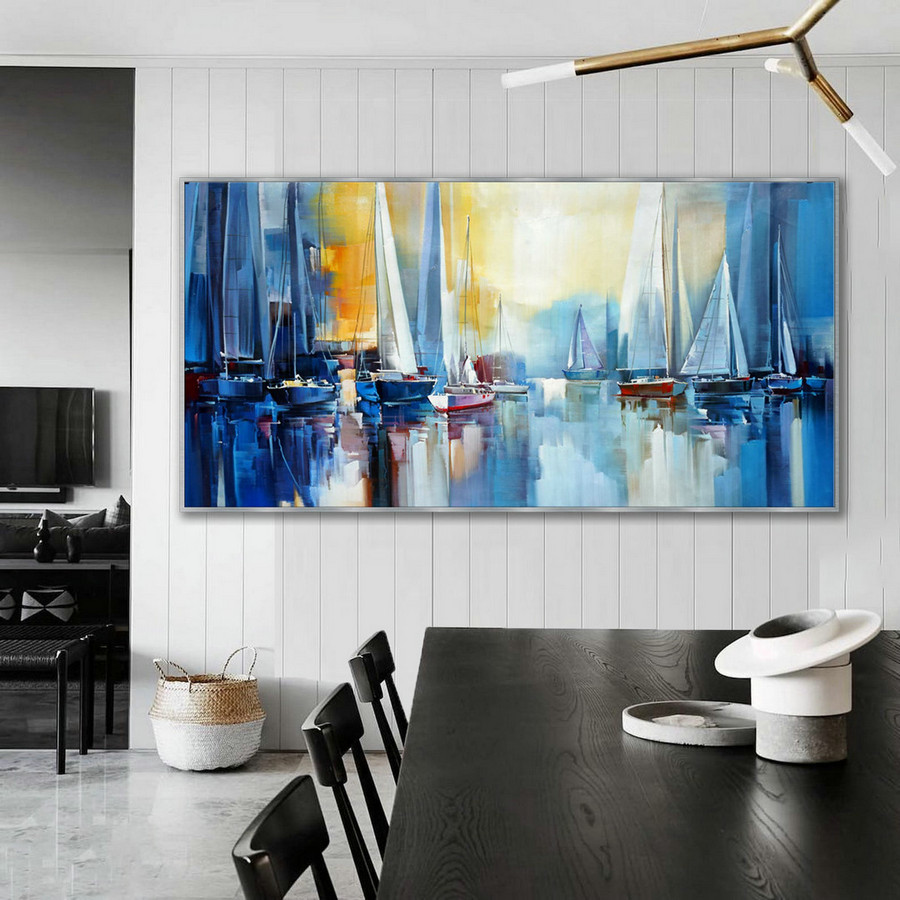 Regatta Seascape Sailing Boat Sailboat Yachting Hand Painted Modern Impressionist Oil Painting On Canvas Living Room Office Hotel Wall Art,House Inner Design - Click Image to Close