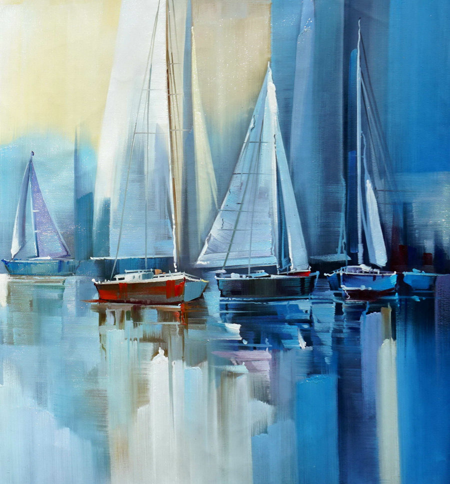 Regatta Seascape Sailing Boat Sailboat Yachting Hand Painted Modern Impressionist Oil Painting On Canvas Living Room Office Hotel Wall Art,House Inner Design - Click Image to Close