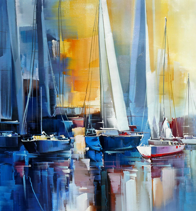 Regatta Seascape Sailing Boat Sailboat Yachting Hand Painted Modern Impressionist Oil Painting On Canvas Living Room Office Hotel Wall Art,House Inner Design - Click Image to Close