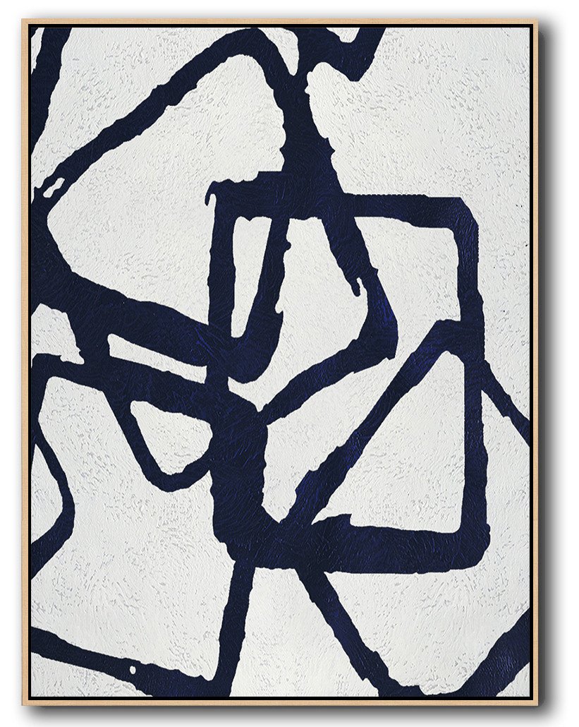 Minimalist Navy Blue And White Painting,Art Work #R4M1